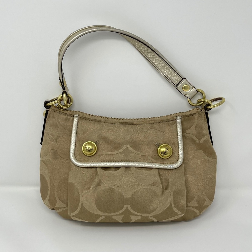 Y2K Coach Shoulder Bag Small Tan Metallic Gold Jacquard 2000s